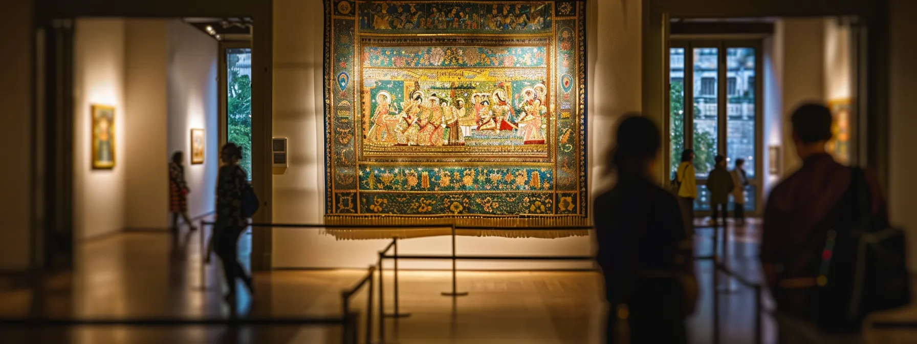 a captivating pichwai painting hanging in a prestigious gallery, catching the light and showcasing its intricate details.