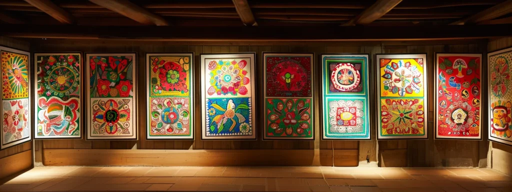 a vibrant array of intricately detailed madhubani and pichwai art pieces showcased in a sunlit gallery, emanating cultural richness and spiritual significance.