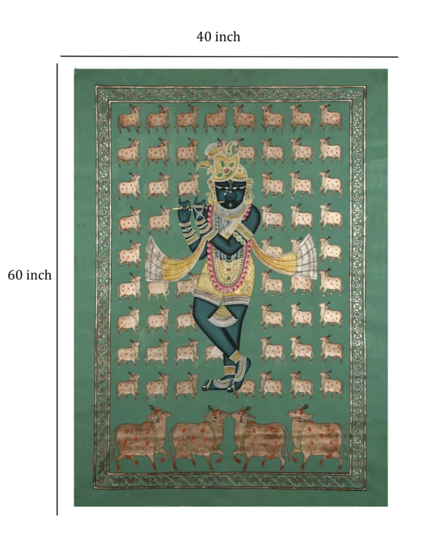 Shreenath ji With Cow Motifs on Turquoise Background - Image 3