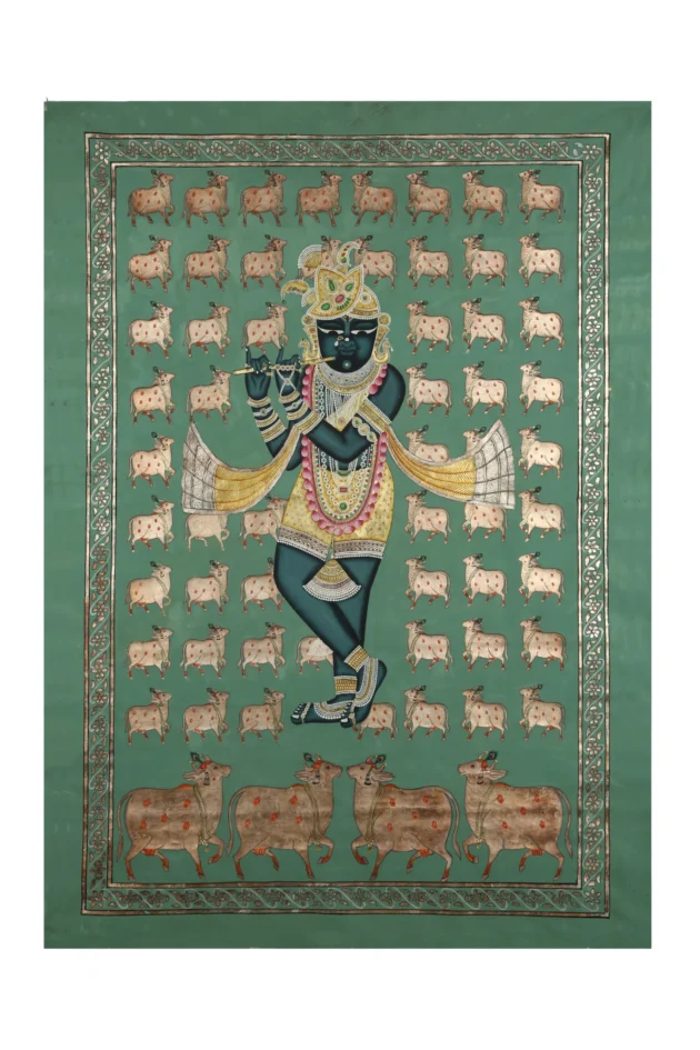 Shreenath ji With Cow Motifs on Turquoise Background