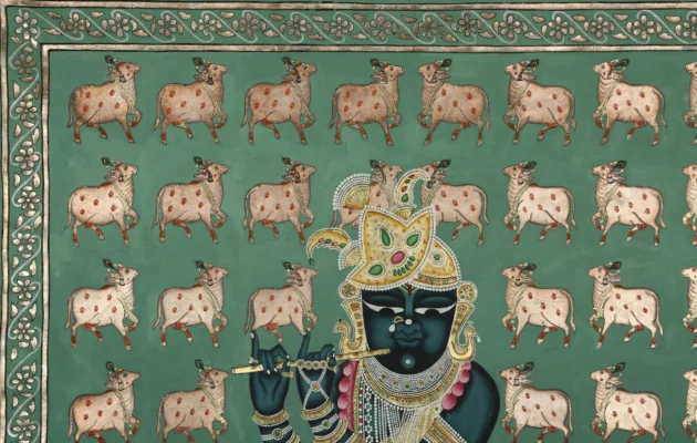 Shreenath ji With Cow Motifs on Turquoise Background - Image 4