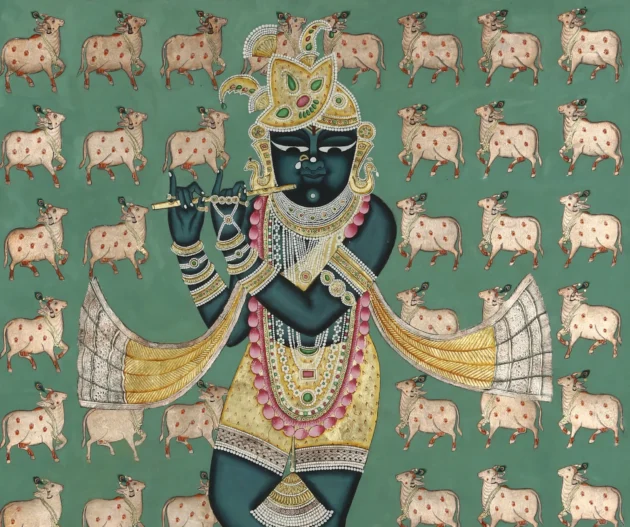 Shreenath ji With Cow Motifs on Turquoise Background - Image 2