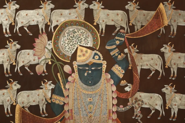 Shreenath ji With Cow Motifs on Brown Background - Image 4