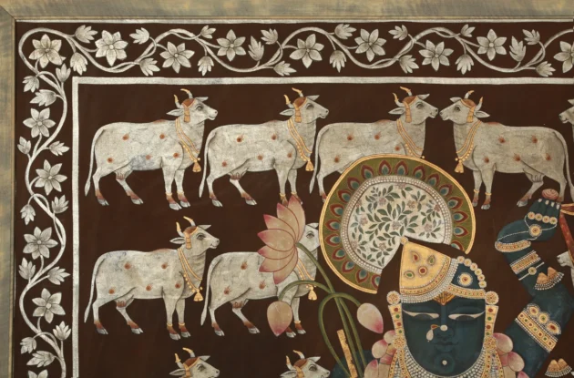 Shreenath ji With Cow Motifs on Brown Background - Image 3