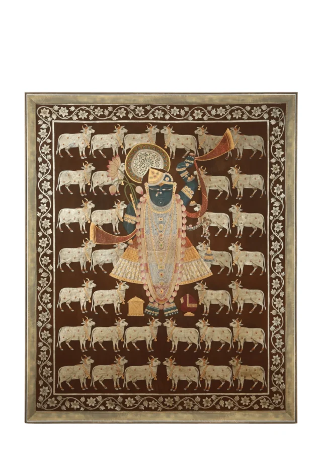 Shreenath ji With Cow Motifs on Brown Background